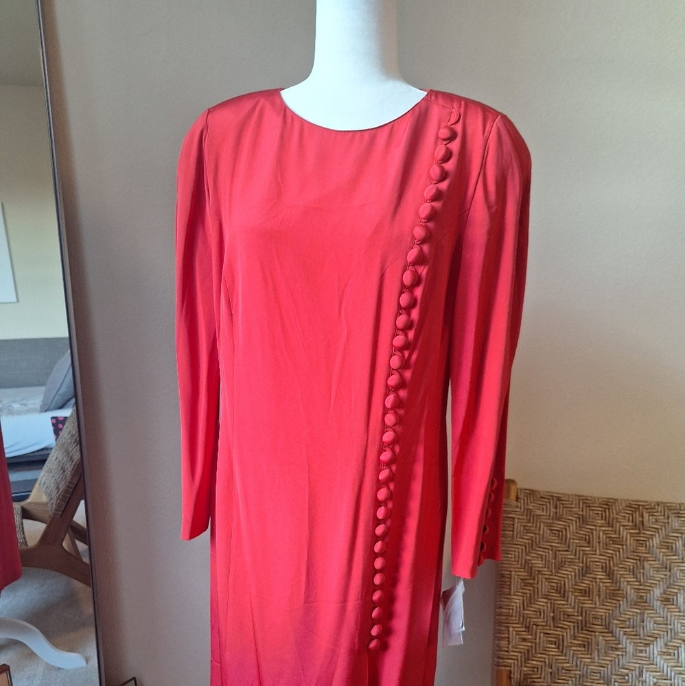 Louis Feraud Vintage 80's Red Long Sleeve 100% Silk  Dress